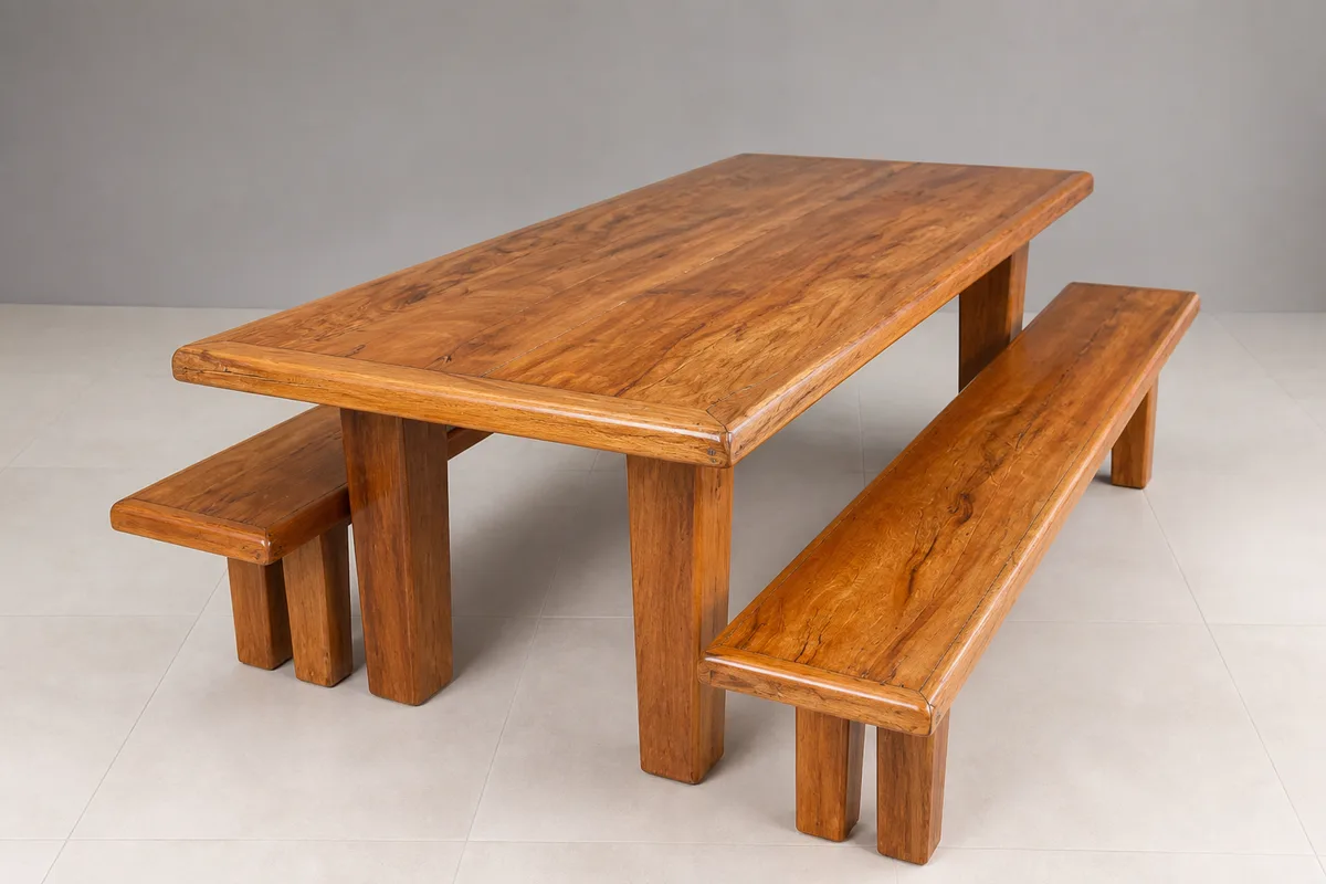 Mesa grande rústica com bancos para restaurante